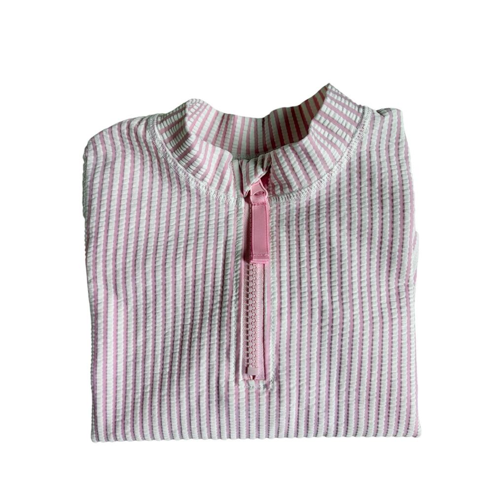 RuffleButts Seersucker Long Sleeve Rash Guard (Pink & White Striped) - 4T